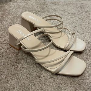 **NEW** Tan Slip-on, Strappy Mule Heels
